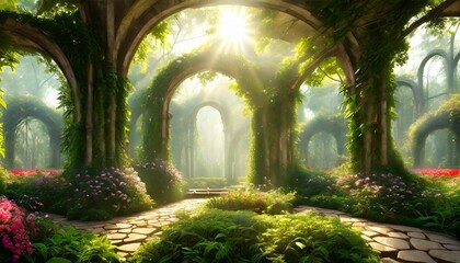garden of eden exotic fairytale fantasy forest green oasis unreal fantasy landscape with trees and flowers sunlight shadows creepers and an arch 3d illustration - obrazy, fototapety, plakaty