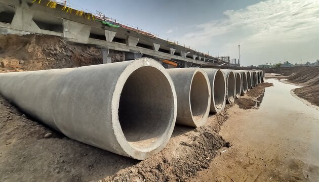 concrete drainage pipe on a construction stacked sewage water system