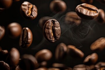 Coffee beans hovering in darkness