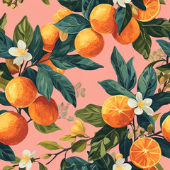 Fresh Juicy Citrus Exotic: A Colorful Tropical Fruit Pattern on Green Leaf Background