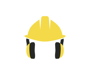 Yellow safety helmet or hard cap and earphones muffs icon. Construction, labor and engineering symbols. Workwear, helmet construction and earphones muff vector design and illustration.

