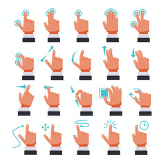 Set of touch screen hand gesture icon collection with flat or filled style, flat colored icon series with arrows showing direction of movement of fingers isolated vector illustration.
