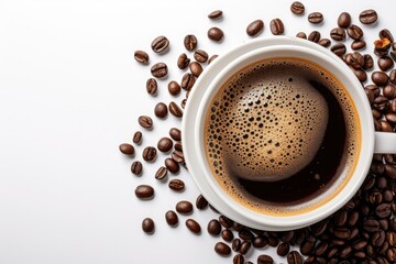 Obraz premium Coffee cup and beans on a white backdrop