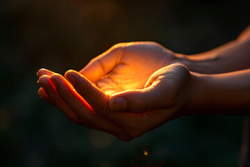 Hands cupped together catching sunlight with dark background - obrazy, fototapety, plakaty
