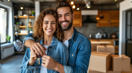 A cheerful young couple holding house keys, celebrating homeownership among moving boxes in their modern city apartment