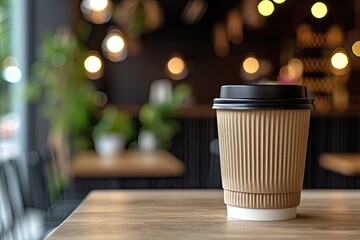Coffee in a takeaway cup on a wooden table at a cafe displayed as a mockup