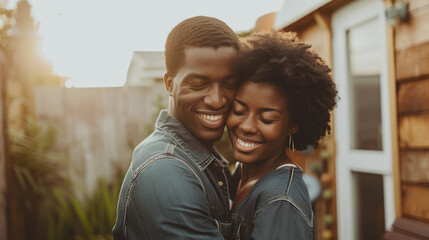 A young, happy couple, smiling, embracing each other, standing in front of their new home. A cozy, welcoming house with a small garden