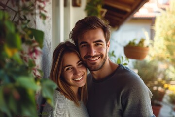 A young, happy couple, smiling, embracing each other, standing in front of their new home. A cozy, welcoming house with a small garden