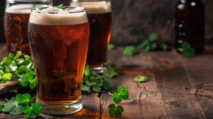 Dark Ale Pint Amongst Green Clover Leaves