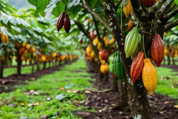 Colorful cocoa pods hanging on trees in a lush cacao farm