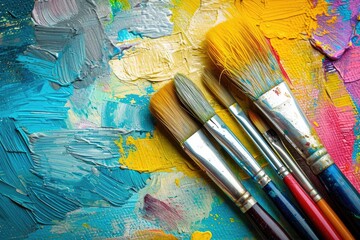 Colorful oil paint brushes and palette on a vintage backdrop