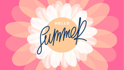 Hello summer. Bright billboard with background of white flowers and label with handwritten inscription. Template for advertising. Vector banner