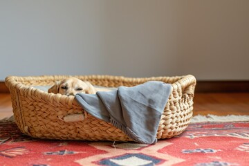 Concept for a missing dog Empty dog bed with a lone dog bone and space for text