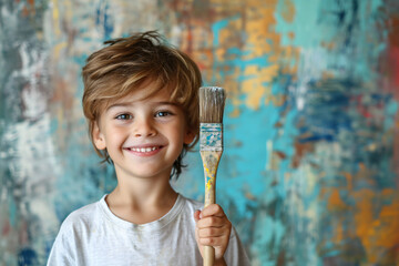 Joyful boy with paintbrush in front of colorful backdrop - obrazy, fototapety, plakaty