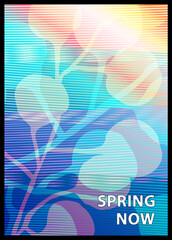 Spring now. Bright futuristic poster for the spring season. Abstract striped composition with overlay and digital distortion effect. Vector banner