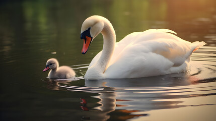 duck and his beautiful child in the water