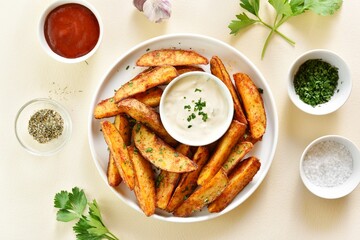 Oven baked potato wedges with sauce