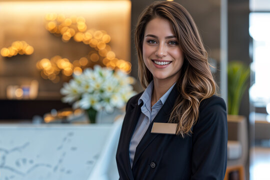 Hotel receptionist woman smiling, hospitality and customer service front desk welcoming clients, hotel lobby check in concept hd