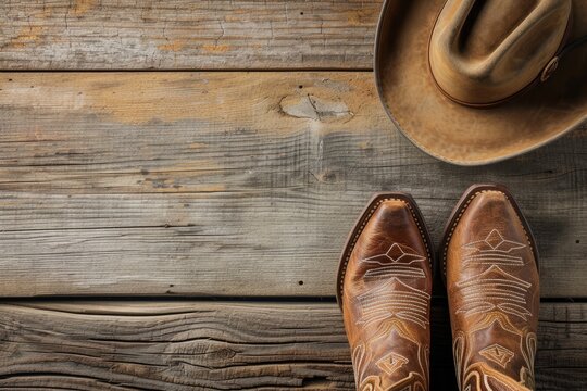Cowboy boots and hat on wooden background with space for writing