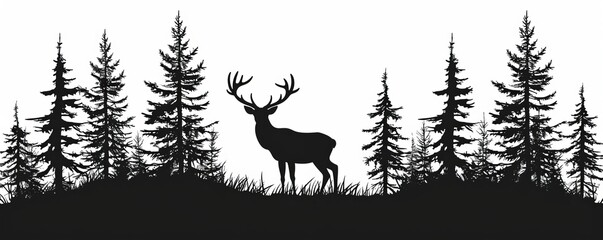 Black silhouette of deer and forest fir trees camping landscape panorama illustration icon  for logo, isolated on white background, Generative AI