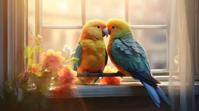 two beautiful parrots on a branch
