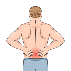 Fototapeta premium Low back pain in back of man diagram hand drawn schematic vector illustration. Medical science educational illustration