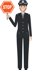 Standing British Policewoman Officer with Warning Sign Stop in Traditional Uniform Character Icon in Flat Style. Vector Illustration.