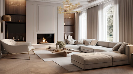 Fototapeta na wymiar A large spacious living room in a modern style. Interior with a large gray sofa, coffee table, big windows, fireplace in front of the sofa in stylish home decor
