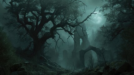 Forest full of darkness with mysterious ancient ruins in the fog - obrazy, fototapety, plakaty