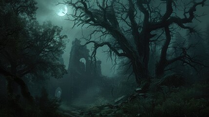 Fototapeta na wymiar Forest full of darkness with mysterious ancient ruins in the fog