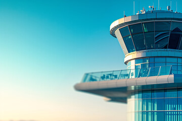 Close-up of glass architecture of airport control tower - obrazy, fototapety, plakaty