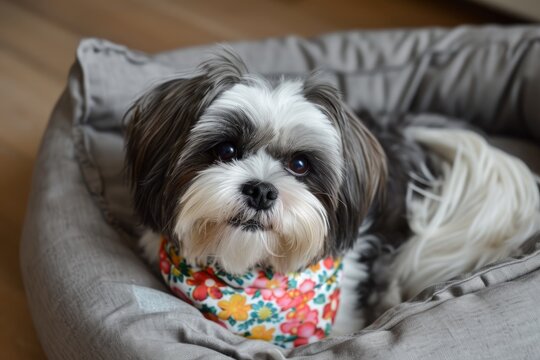 Cute and fluffy shih tzu in dog bed with collar and bandana looking lovely