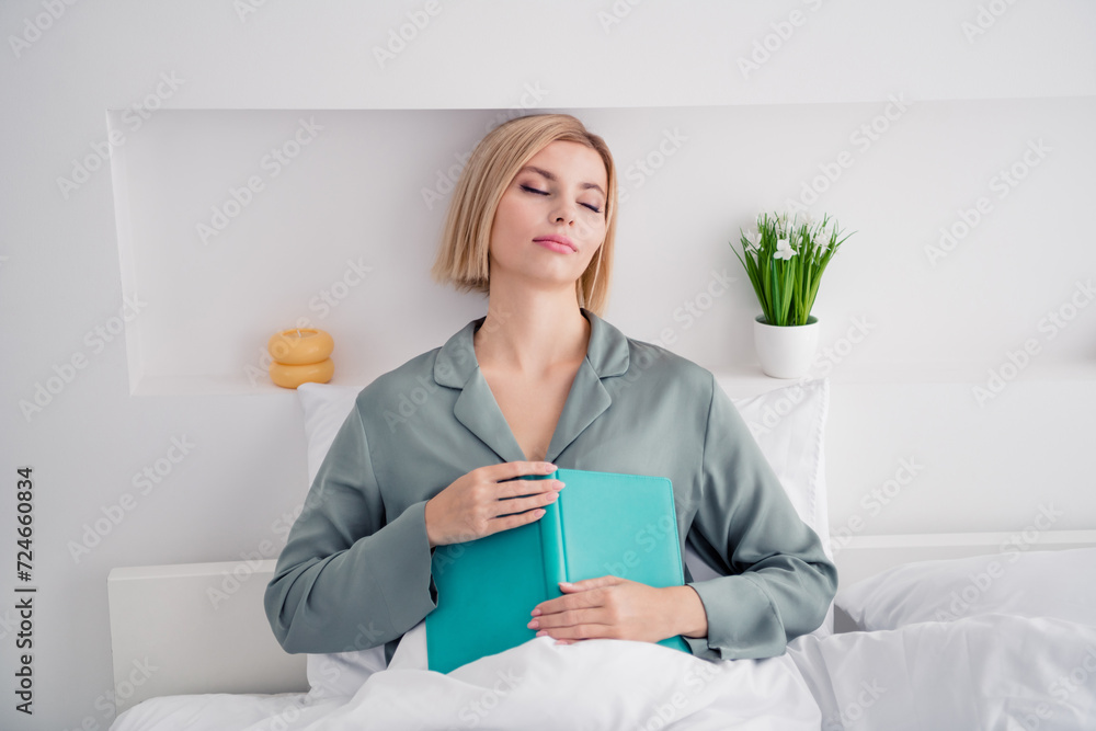 Sticker Photo portrait of lovely blonde young lady sit bed sleeping read book wear trendy gray sleepwear comfortable bedroom daytime