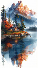 A beautiful fantasy landscape on a white background. Mountains, trees, fog. Watercolor painting. Abstract intricate splashes of paint on a white background. Generative AI.	