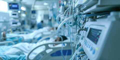 Imagery showing ventilators and life support machines aiding patients' breathing in the ICU