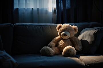Dark room with sunlight shining through window shows dramatic photo of lonely Teddy bear on sofa commemorating international missing children s day