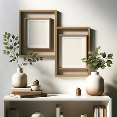 Minimalist Home Interior: Elegant White Wall Shelf with Wooden Mockup Photo Frames, Stylish Pot Plant, Books, and Chic Accessories for Modern and Simple Decor Inspiration