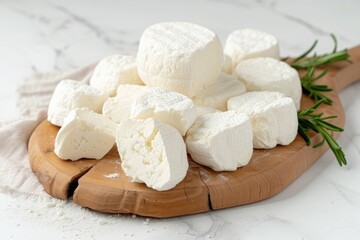 Fototapeta na wymiar Delicious Adyghe cheese chunks on white background organic and farm fresh