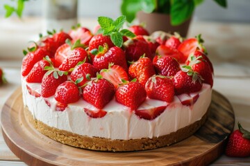 Delicious and simple homemade strawberry cheesecake with fresh strawberries