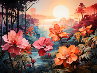 Obraz na płótnie Canvas A watercolor painting of a tropical and botanical garden