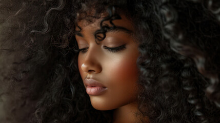 Obraz premium Pretty Young African American Woman with Curly Afro Hair, Fashionable Makeup and Charming Expression on Dark Background