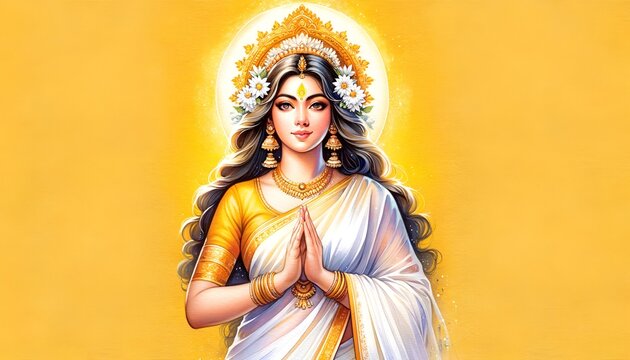 Watercolor painting illustration of goddess saraswati for vasant panchami.