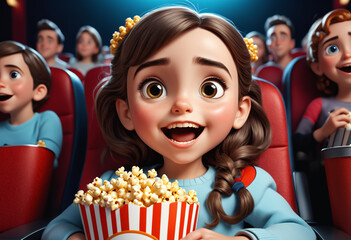 Happy girl with popcorn watching movie in cinema theater. Generative AI - obrazy, fototapety, plakaty