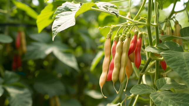 Harvest of beans on a bush with leaves