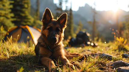 Nature's Retreat: German Shepherd Enhances Camping Lifestyle with Joy and Relaxation. Generative AI - obrazy, fototapety, plakaty