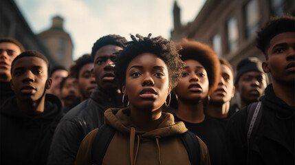 Youthful voices rise in city protest, captured with Tesseract style, blending dark gray and light bronze, employing a soft-focus technique, reminiscent of an Associated Press photo