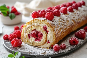 Delicious Swiss roll with cream cheese filling and fresh raspberries - obrazy, fototapety, plakaty