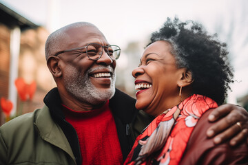 Senior mature black couple laughing and having fun outside