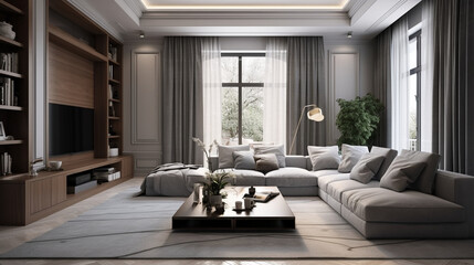 Fototapeta premium A large spacious living room in a modern style. Interior with a large gray sofa, coffee table, big windows, fireplace in front of the sofa in stylish home decor