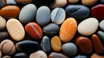 A bird's eye view of a symmetrical arrangement of polished stones on a tranquil beach